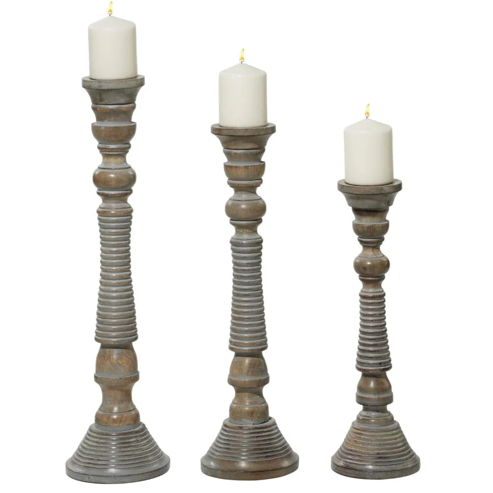 Candle Holders Set of 3 Candle Light Gray Mango Wood Handmade - jenshomeandgardendecor