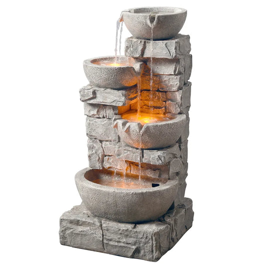 Stacked Stone Tiered Bowl Fountain with LED Light - jenshomeandgardendecor