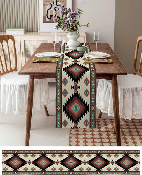 Brown Teal Southwest Linen Table Runner