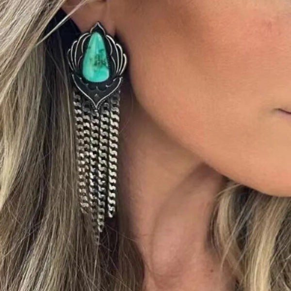 Western SilverTone Turquoise Tassel Dangle Earrings