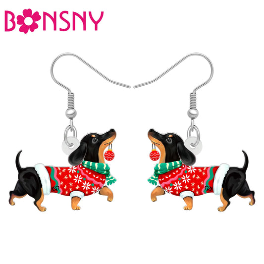 Christmas Dachshund Dog Drop Dangle Earrings