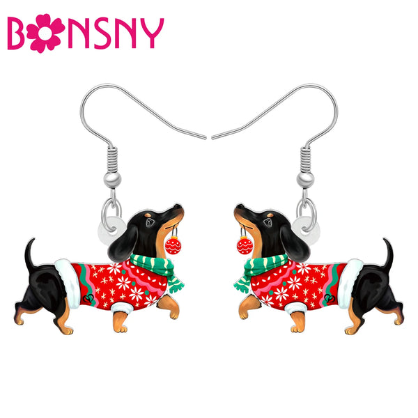 Christmas Dachshund Dog Drop Dangle Earrings