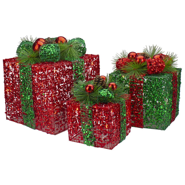 Northlight Set of 3 LED Lighted Red and Green Glitter Threaded Gift Boxes - jenshomeandgardendecor