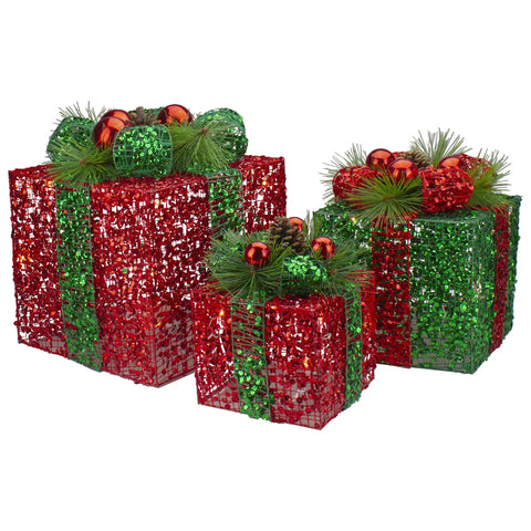 Northlight Set of 3 LED Lighted Red and Green Glitter Threaded Gift Boxes - jenshomeandgardendecor