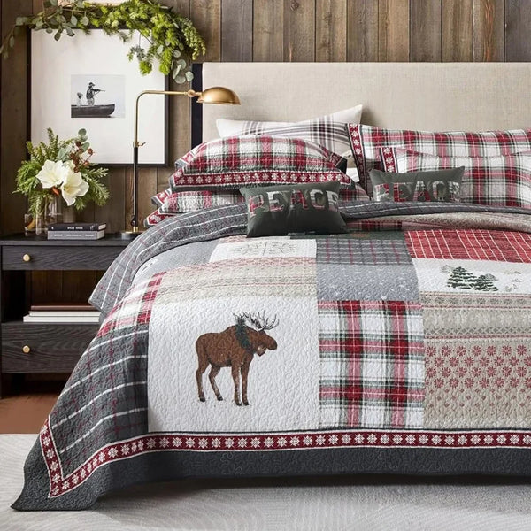 Rustic Deer Quilted Bedspread with Pillowcases for All Seasons,King,108*96 Inches - jenshomeandgardendecor