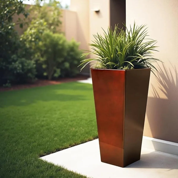 Worth Garden 28" Large Metal Glazed Planter Set of 2, Luxurious Glossy Finish Red Tall Square Tapered Steel Plant Pots