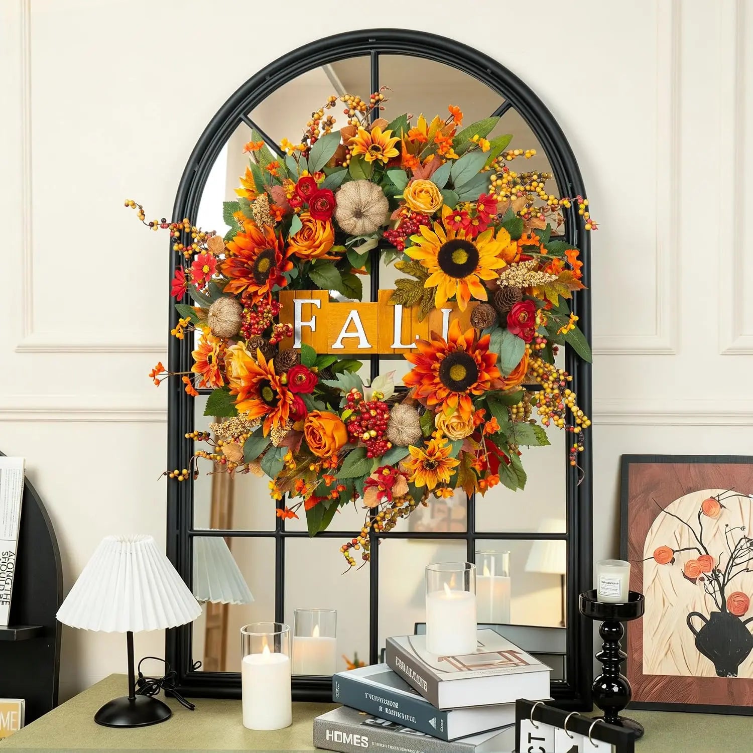 24 Inch Autumn Wreath With Sunflowers Roses Burlap Pumpkins Pinecones Wooden Sign