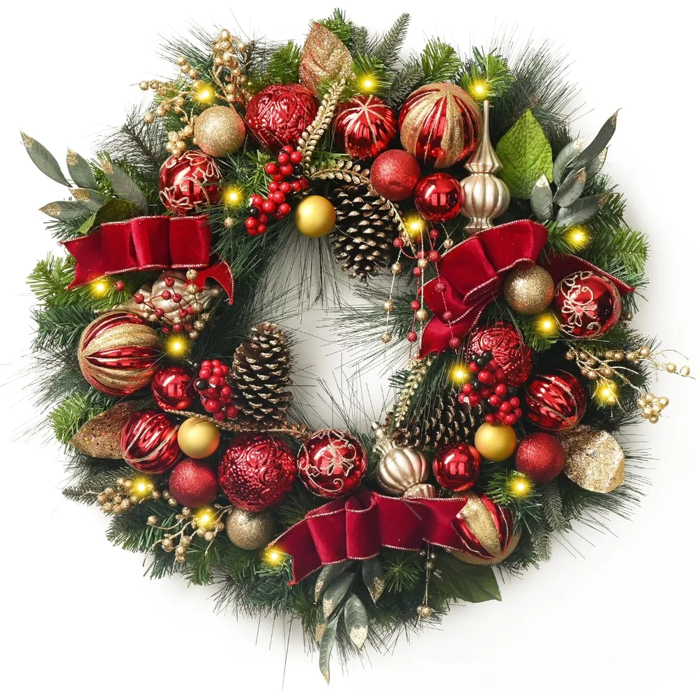 30 Inch Pre-Lit Christmas Wreath for Front Door with Lights