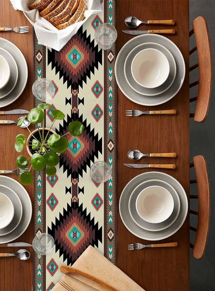 Brown Teal Southwest Linen Table Runner