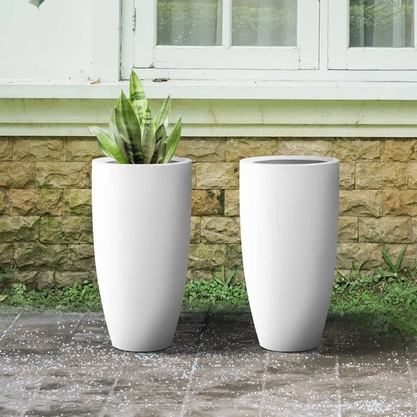 23.6” H Pure White Concrete Tall Planters (Set of 2) - jenshomeandgardendecor