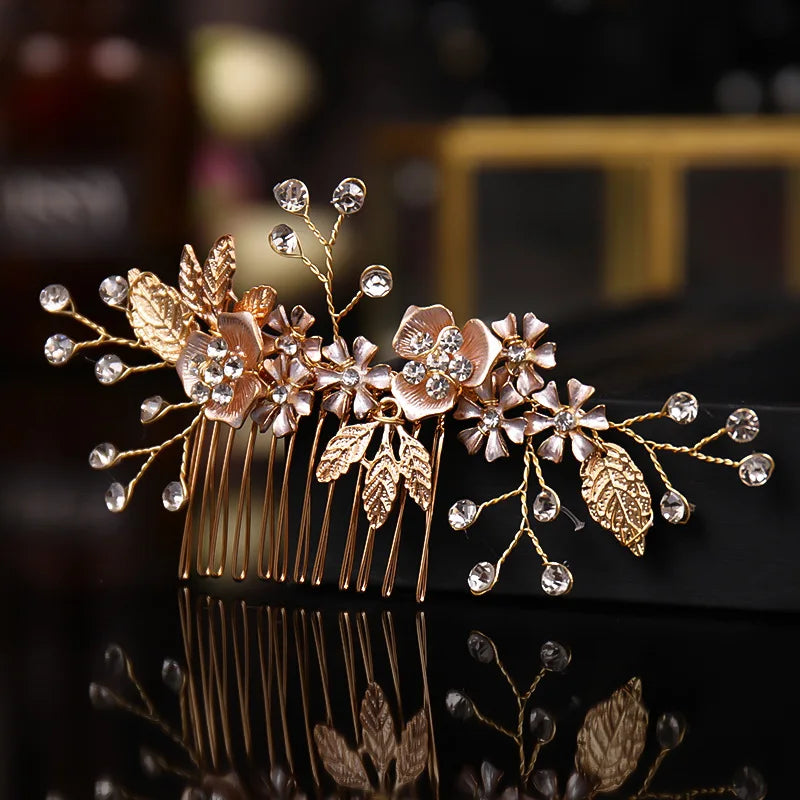 Wedding Hair Comb Side Hairpin Golden Floral Crystal