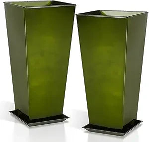 Worth Garden 28" Large Metal Glazed Planter Set of 2, Luxurious Glossy Finish Red Tall Square Tapered Steel Plant Pots