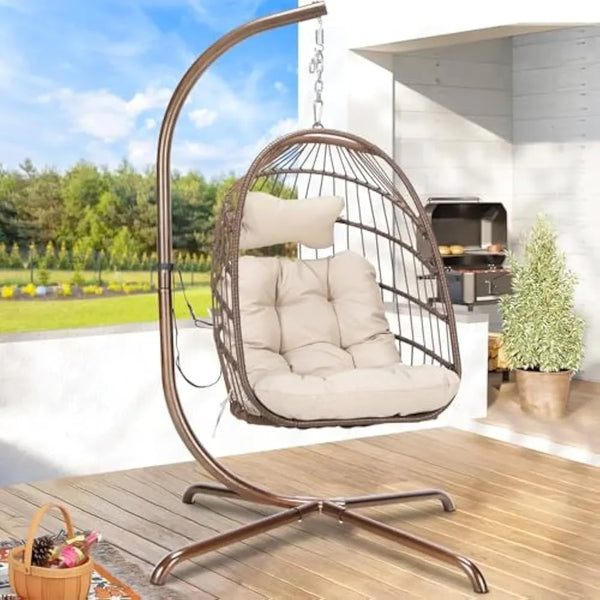 Outdoor Swing Egg Chair with Stand, 350Lbs Heavy-Duty Wicker Egg Hanging Patio Chairs W/Thick Cushion