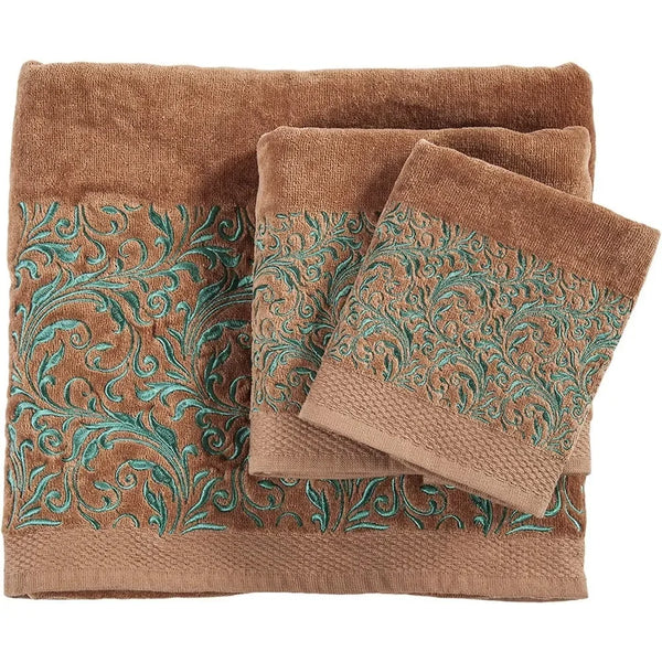 Wyatt Copper Taffeta-Style Shower Curtain W/Turquoise Scrollwork [Includes 12 Matching Fabric-Covered Shower Rings] - jenshomeandgardendecor