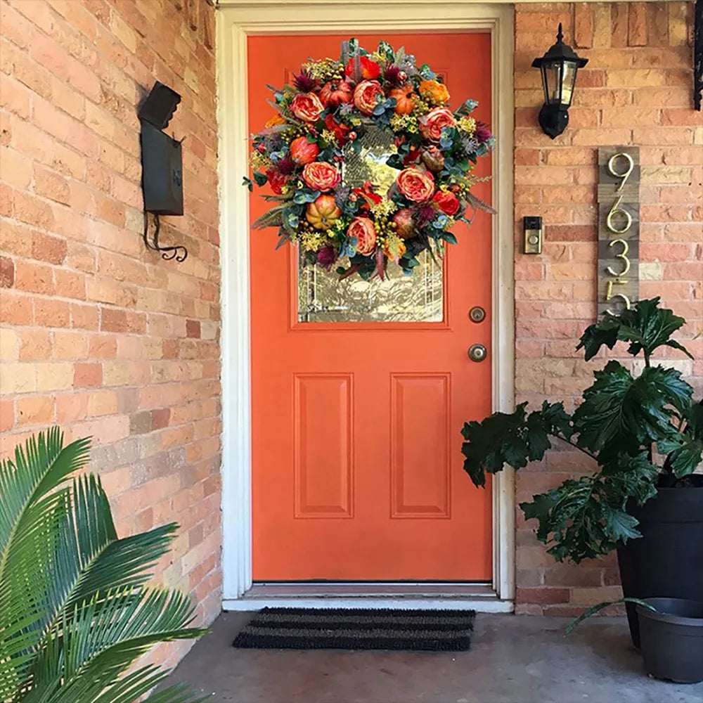 Artificial Autumn Peony And Pumpkin Wreath - jenshomeandgardendecor