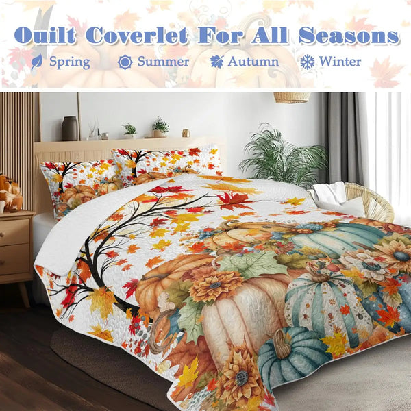 Colorful Pumpkin Oil Painting Quilt Set - 3-Piece Queen Bedding with 2 Pillowcases