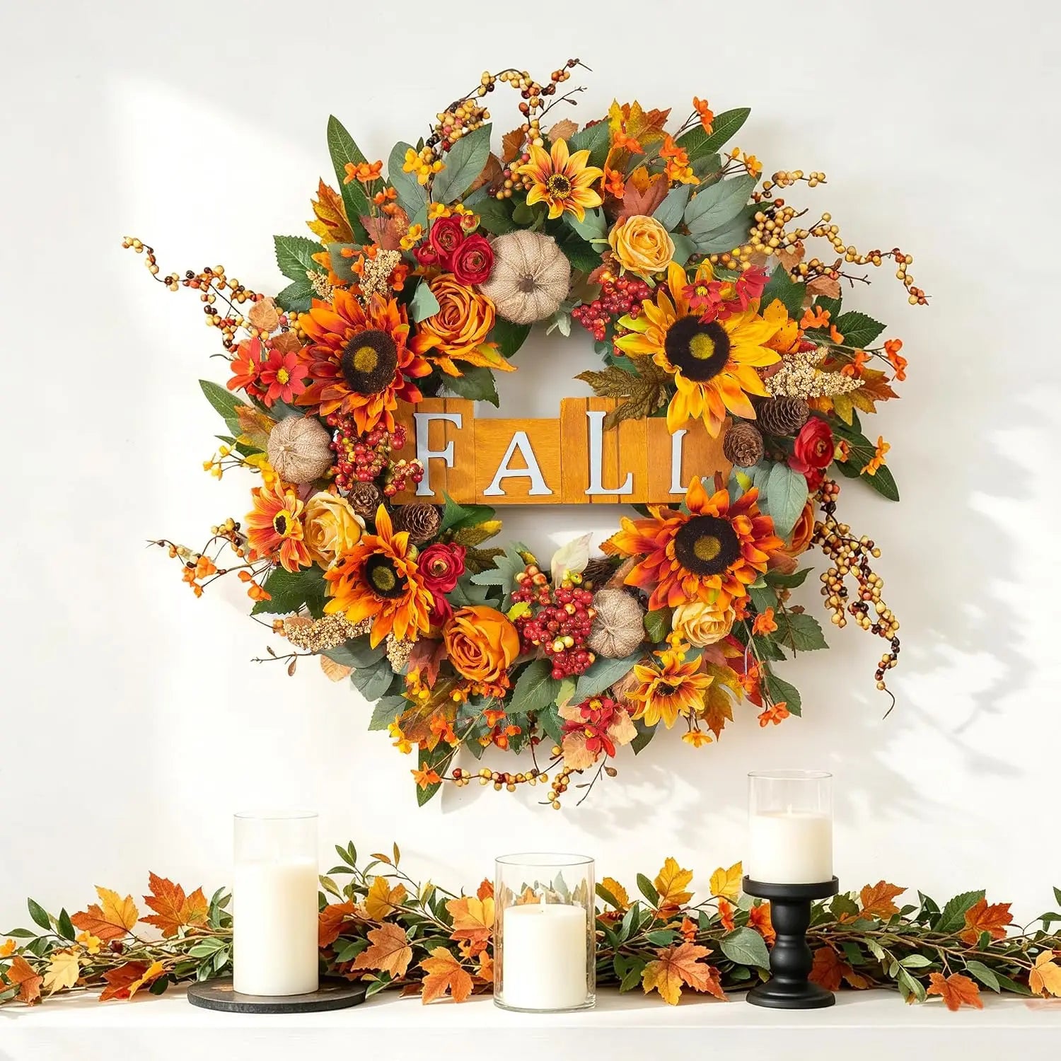 24 Inch Autumn Wreath With Sunflowers Roses Burlap Pumpkins Pinecones Wooden Sign