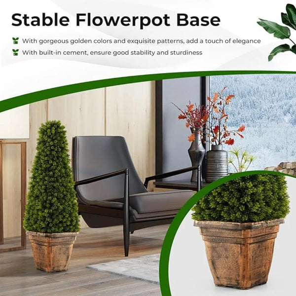 3ft Artificial Boxwood Topiary Tree, 2 Pack Cone-Shaped Faux Potted Plants with Cement Flowerpot
