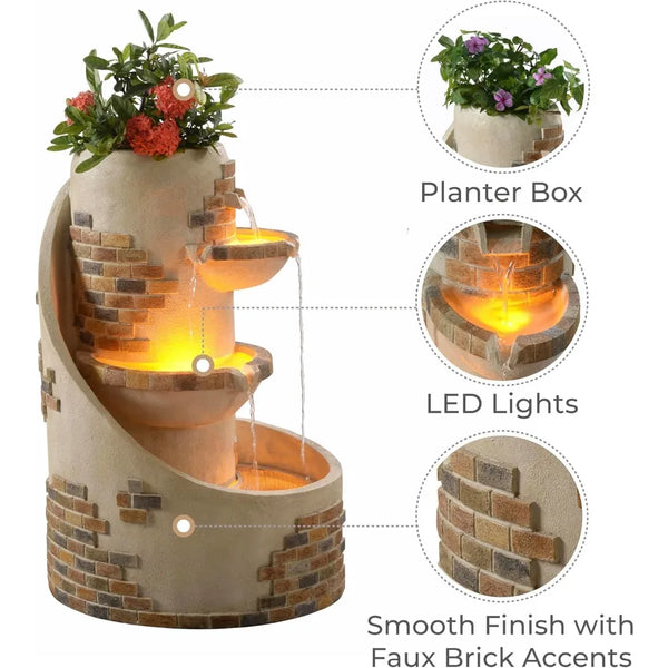 3-Tier Cascading Outdoor Water Fountains with Planter, LED Lights