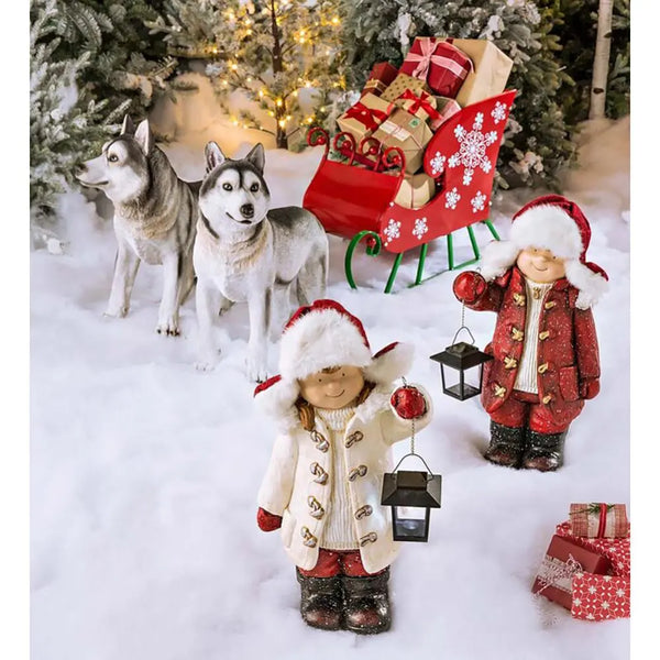 Christmas Boy And Girl Resin Sculptures With Lantern Christmas Decoration Home Desktop Outdoor Children Statue Craft Props - jenshomeandgardendecor