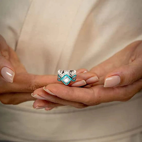 Ocean Blue Enamel Wave Ring Set Of 2 Stackable Rings - jenshomeandgardendecor