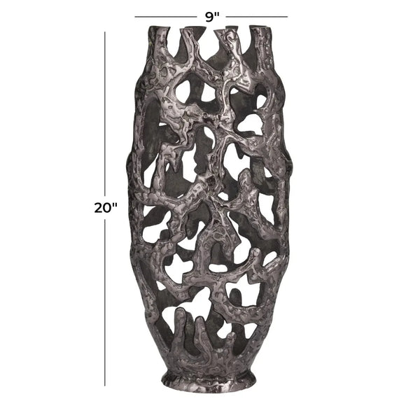 20" Black Aluminum Vase With Cut Out Designs - jenshomeandgardendecor