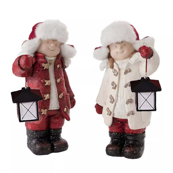 Christmas Boy And Girl Resin Sculptures With Lantern Christmas Decoration Home Desktop Outdoor Children Statue Craft Props - jenshomeandgardendecor