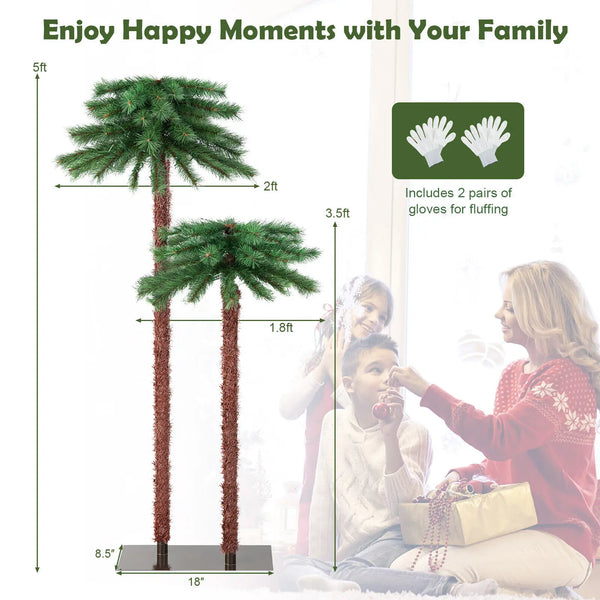 5FT+3.5FT Double Pre-Lit Artificial Tropical Christmas Palm Tree w/ 100 Lights - jenshomeandgardendecor