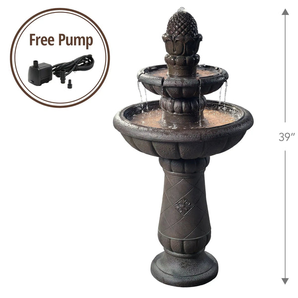 Deluxe Pineapple 2-Tier Polyresin Pedestal Fountain for Garden, Gray - jenshomeandgardendecor