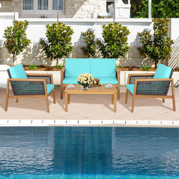 4PCS Patio Rattan Furniture Set Acacia Wood Cushioned Sofa Turquoise - jenshomeandgardendecor