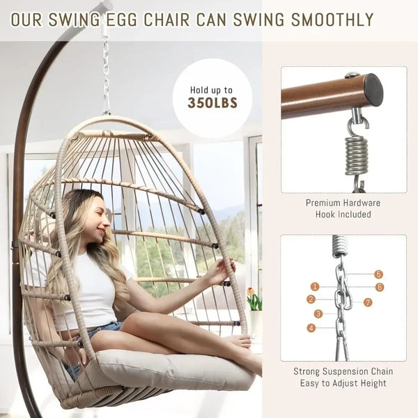 Outdoor Swing Egg Chair with Stand, 350Lbs Heavy-Duty Wicker Egg Hanging Patio Chairs W/Thick Cushion