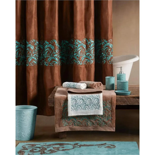 Wyatt Copper Taffeta-Style Shower Curtain W/Turquoise Scrollwork [Includes 12 Matching Fabric-Covered Shower Rings] - jenshomeandgardendecor