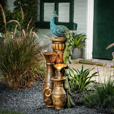 44" Resin Pedestal Peacock and Urns Garden Water Fountain Outdoor with LED Light