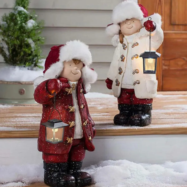 Christmas Boy And Girl Resin Sculptures With Lantern Christmas Decoration Home Desktop Outdoor Children Statue Craft Props - jenshomeandgardendecor