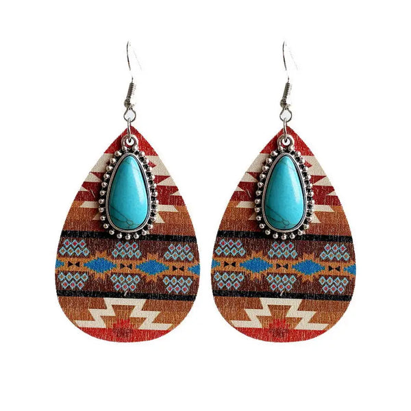 Aztec Pattern Wood Turquoise Teardrop Earrings - jenshomeandgardendecor