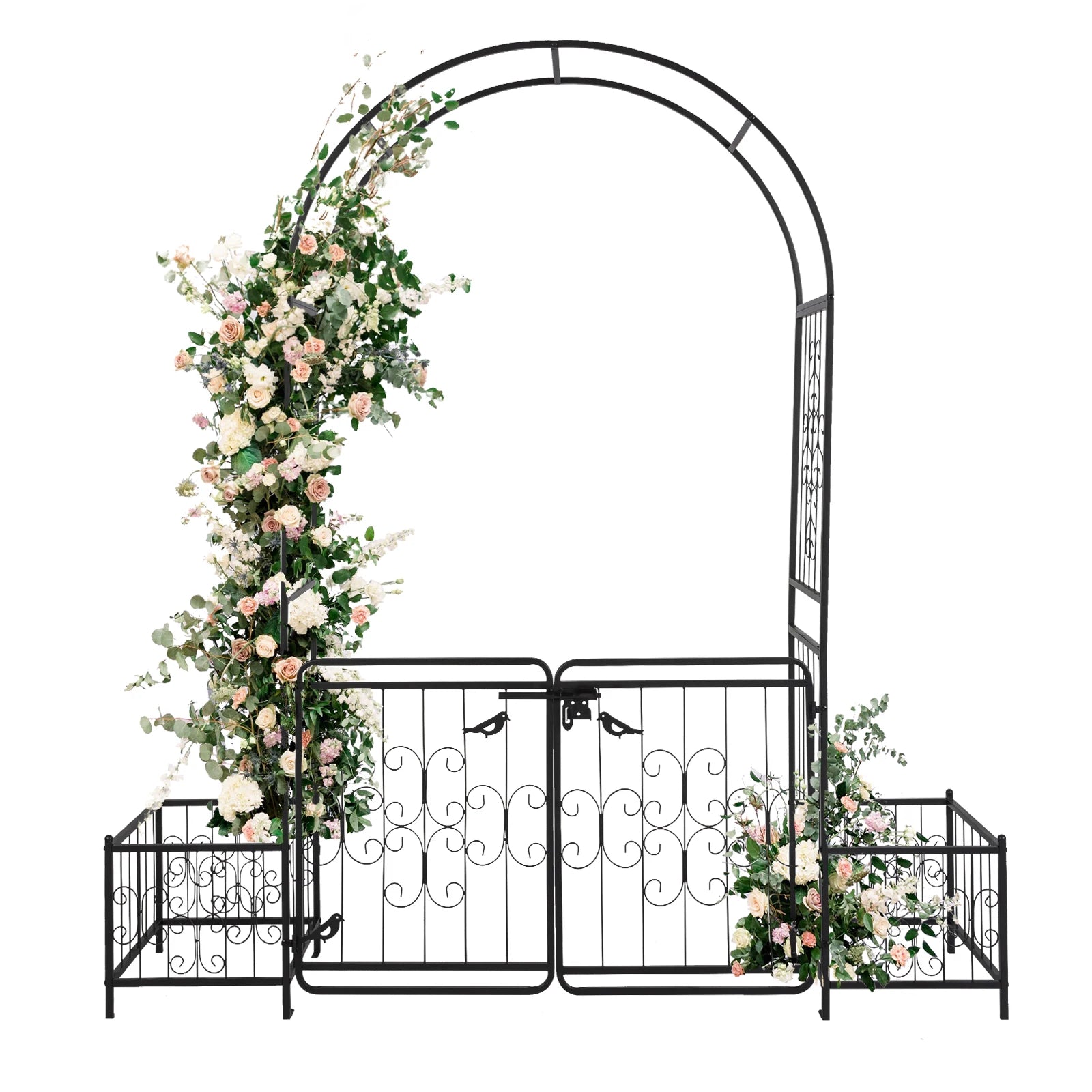 7.2ft Arc Top Wrought Iron Garden Arbor with Double Gate & Side Planting Boxes