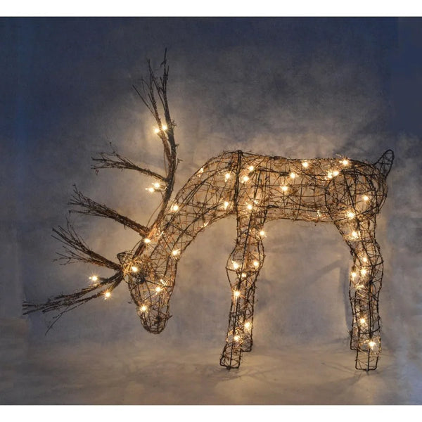 24"H Outdoor Rattan Grazing Reindeer Lawn Decoration with White Lights - jenshomeandgardendecor