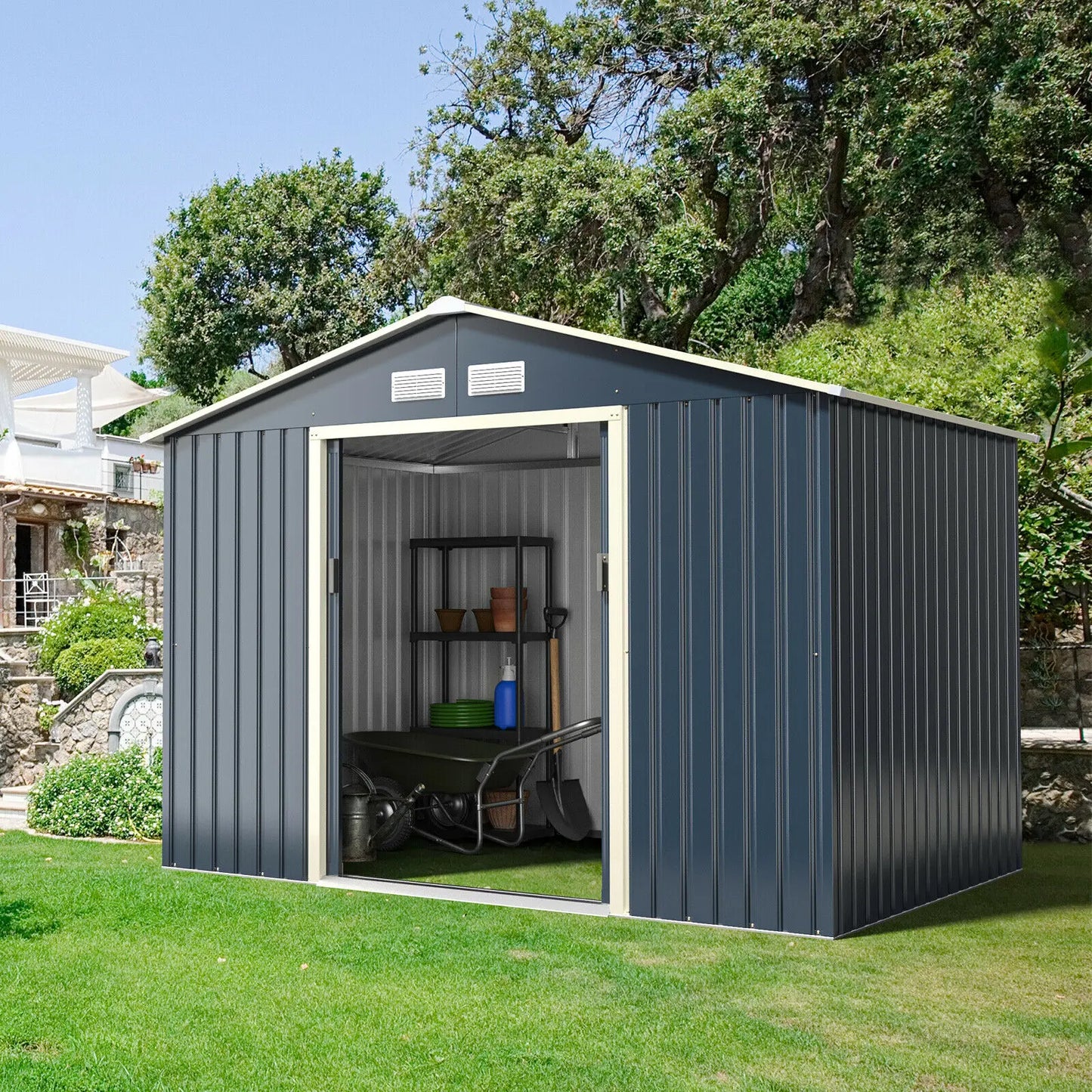 9’ X 6’ Metal Storage Shed for Garden and Tools w/Sliding Double Lockable Doors - jenshomeandgardendecor