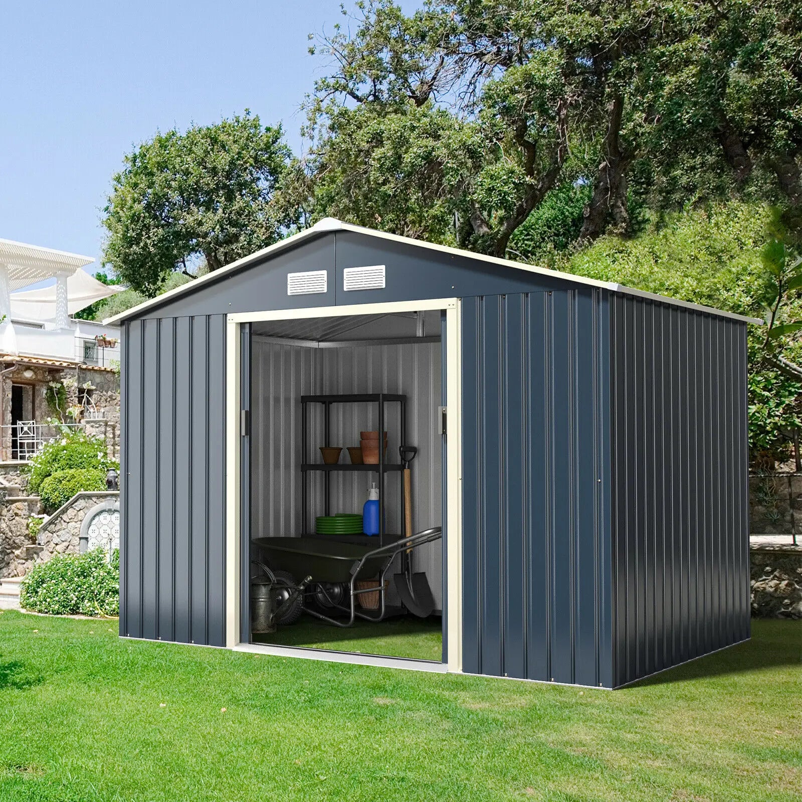 9’ X 6’ Metal Storage Shed for Garden and Tools w/Sliding Double Lockable Doors - jenshomeandgardendecor