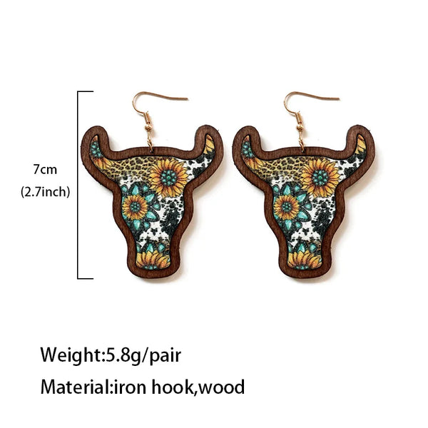 Western Jewelry Wooden Cowhead Earrings