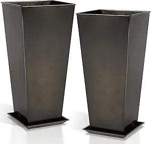 Worth Garden 28" Large Metal Glazed Planter Set of 2, Luxurious Glossy Finish Red Tall Square Tapered Steel Plant Pots