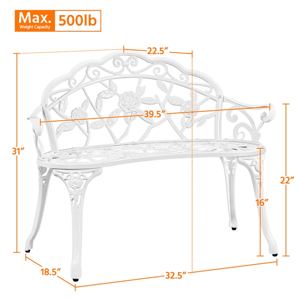 Outdoor Antique Metal Bench for Patio Park Garden, White - jenshomeandgardendecor