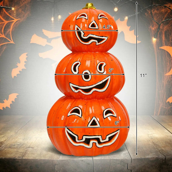 3-Tier Color-Changing Lighted Ceramic Pumpkin Lantern Battery Powered Halloween - jenshomeandgardendecor