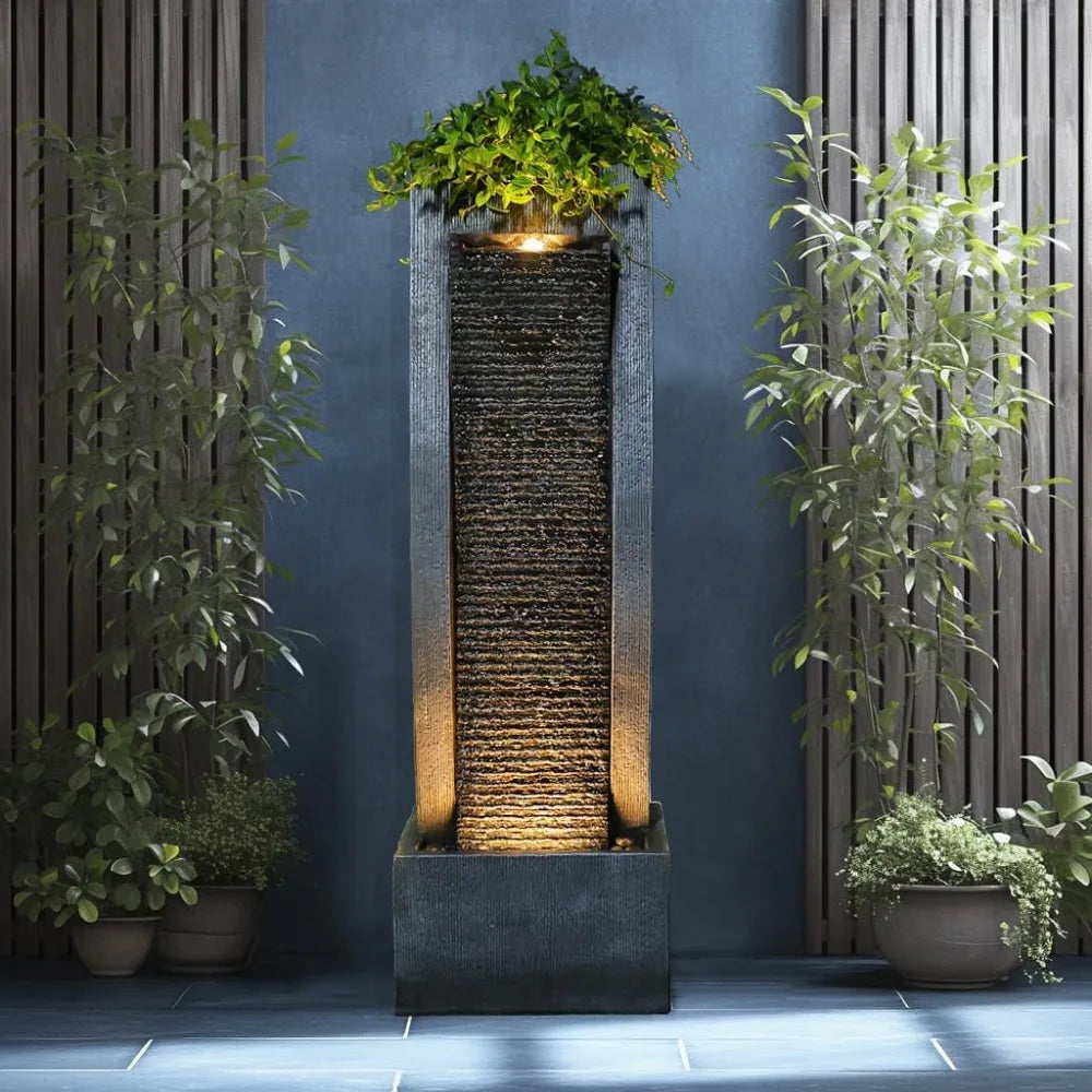 Modern Curves Indoor Waterfall Floor Standing 49.2 Inches Tall with LED Lights, Pump, Natural Stones