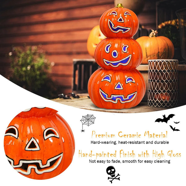 3-Tier Color-Changing Lighted Ceramic Pumpkin Lantern Battery Powered Halloween - jenshomeandgardendecor