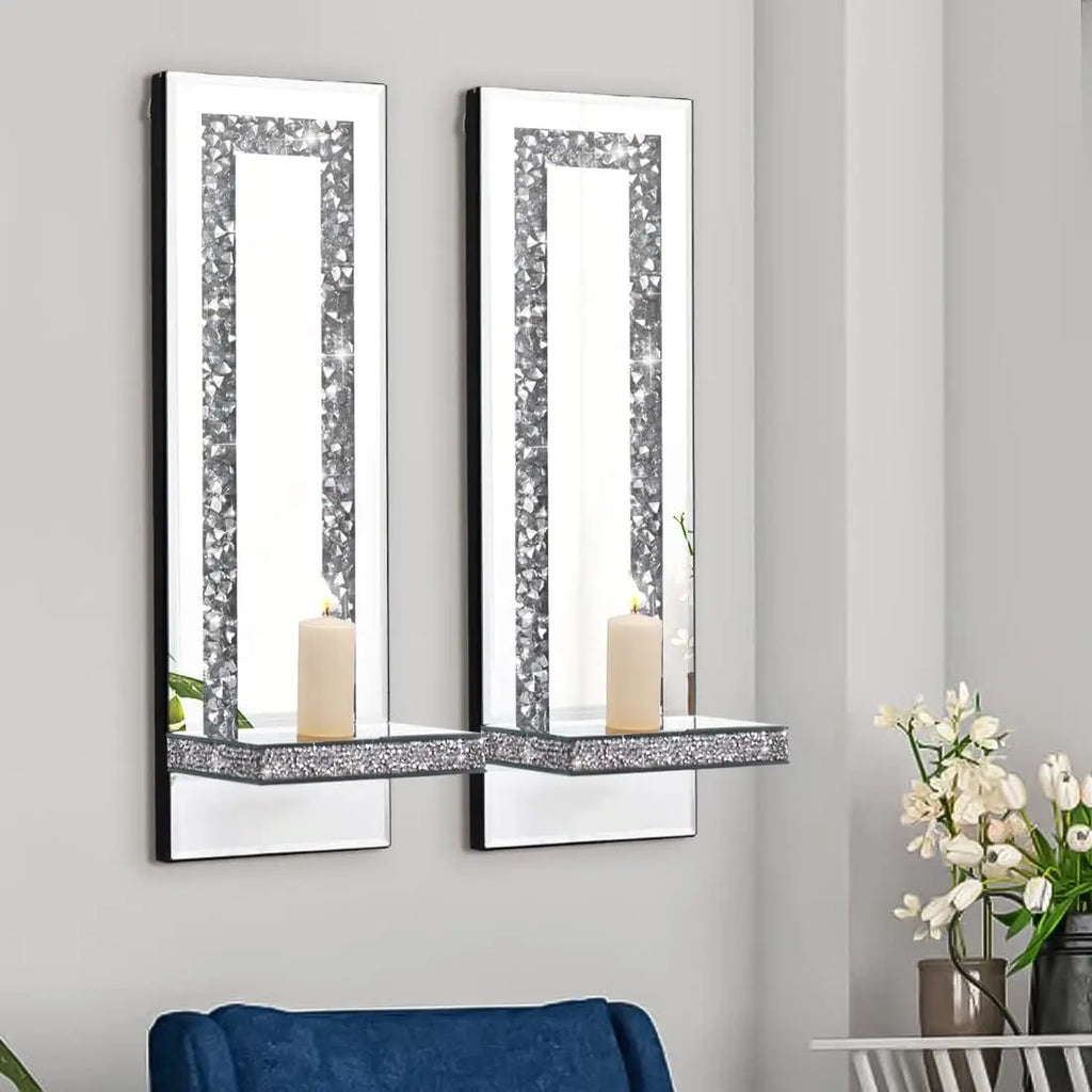 Crystal Crush Diamond Mirrored Candle Sconces, Silver Wall Candle Holder Set of 2, multiple styles available