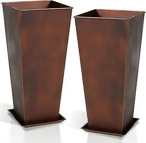 Worth Garden 28" Large Metal Glazed Planter Set of 2, Luxurious Glossy Finish Red Tall Square Tapered Steel Plant Pots