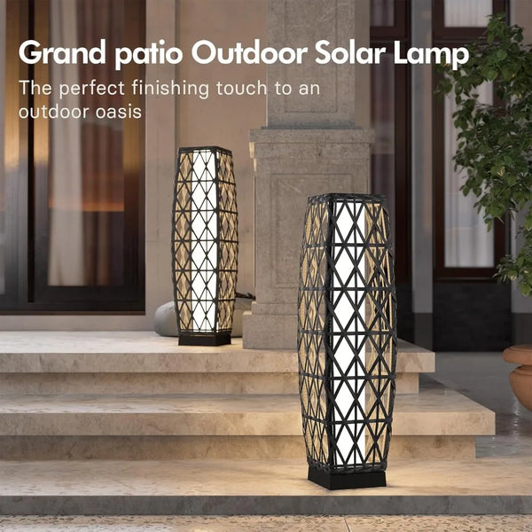 2-Piece Outdoor Solar-Powered Woven Wicker Lantern Floor Lamp