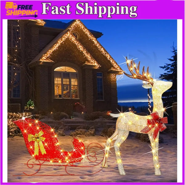 Christmas Yard Decoration, 4 FT120 LEDs Pre-lit 3D Reindeer & Sleigh Outdoor Decorations, Warm White Light Up Glittered Standing - jenshomeandgardendecor