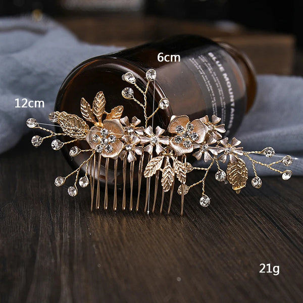 Wedding Hair Comb Side Hairpin Golden Floral Crystal